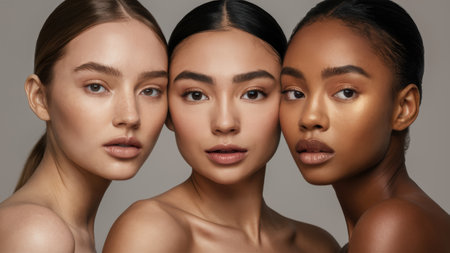 Three women with different skin tones are posing for a photo, AIの素材