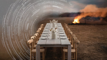 A long table with chairs and a fire in the background, AIの素材