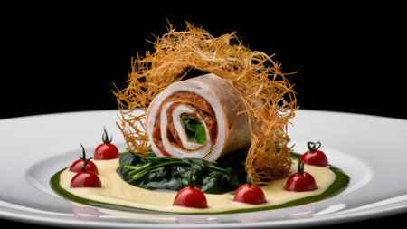 A white plate with a roll and some vegetables on it, AIの素材