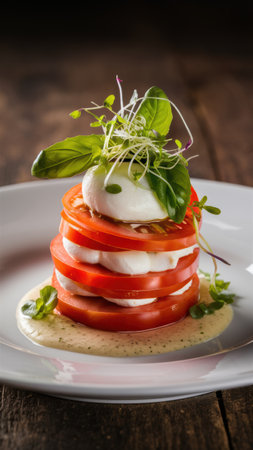 A plate of a stack of tomatoes and greens on top, AIの素材