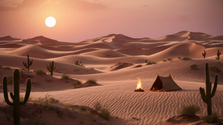 A tent is set up in the desert with cactus plants, AIの素材