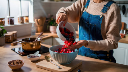A woman in a blue overalls is mixing berries into her bowl, AIの素材