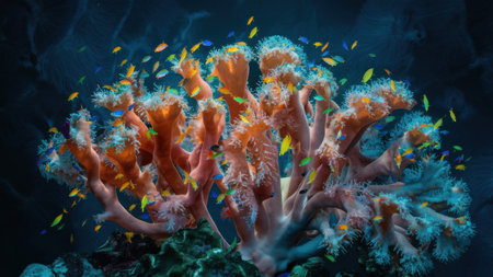 A coral reef with many colorful fish swimming around it, AIの素材