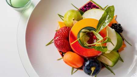 A plate of a colorful arrangement on top of white table, AIの素材