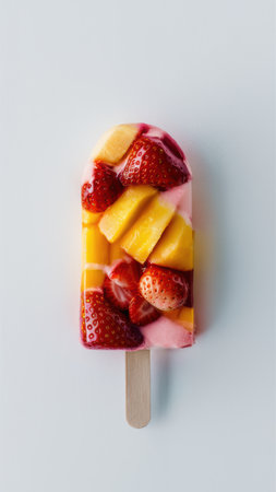 A popsicle with fruit on top of it sitting in a bowl, AIの素材