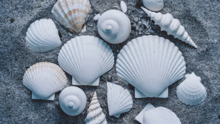A group of shells are arranged on a stone surface, AIの素材