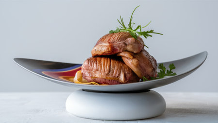 A plate of meat is sitting on top of a bowl, AIの素材