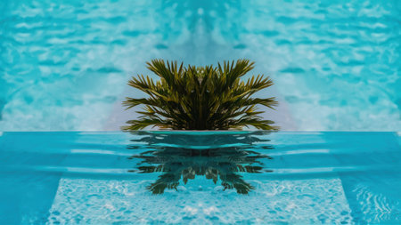 A palm tree in a pool of water with blue sky behind it, AIの素材