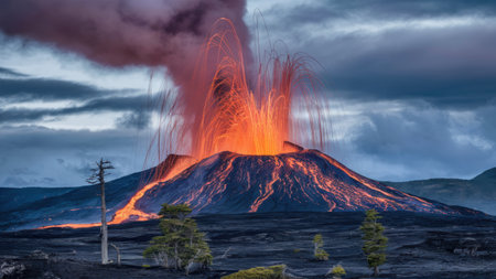 A volcano erupts with a large plume of smoke and lava, AIの素材