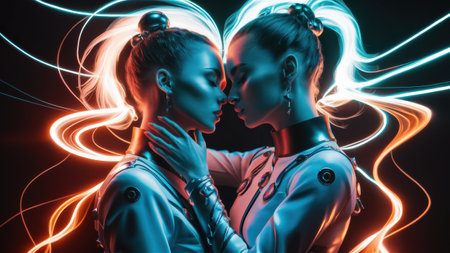 Two women are kissing each other with glowing lights around them, AIの素材