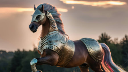 A horse with a golden mane and tail running through the grass, AIの素材