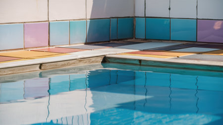 A pool with blue tiles and a white wall in the background, AIの素材