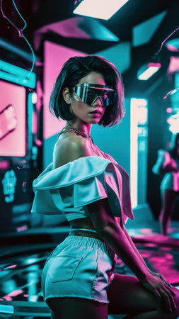 A woman in a white shirt and shorts posing for the camera, AIの素材