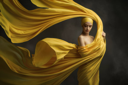A woman in a yellow dress with her hair flowing behind, AIの素材