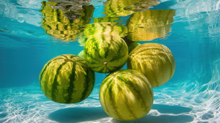 A group of watermelons floating in the ocean under blue sky, AIの素材
