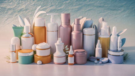 A group of bottles and containers are arranged on a table, AIの素材