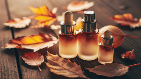 A couple of bottles with liquid on a table covered in leaves, AIの素材