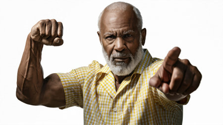 A man in yellow shirt pointing his finger at the camera, AIの素材