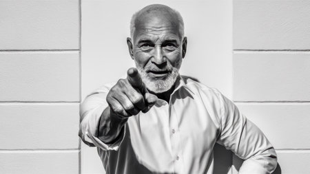 A man pointing at the camera with his finger on a button, AIの素材