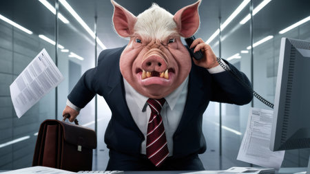 A pig in a suit and tie talking on the phone, AIの素材