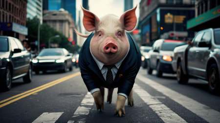 A pig wearing a suit and tie walking down the street, AIの素材
