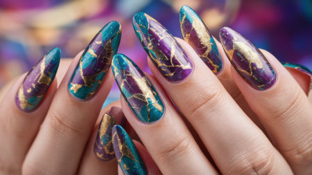 A woman with purple and gold nails holding a manicure, AIの素材