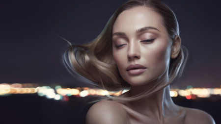 A woman with her hair blowing in the wind at night, AIの素材