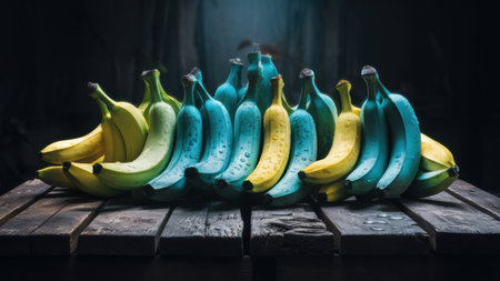 A bunch of bananas are sitting on a table with some yellow ones, AIの素材
