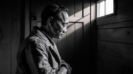 A man in a jacket leaning against the wall of an old building, AIの素材