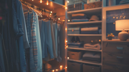 A closet with clothes and a lamp on the shelf, AIの素材