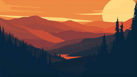 A mountain range with a sunset in the background, AIの素材