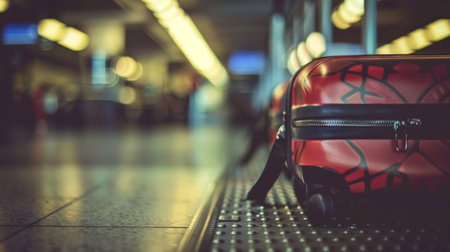 A red luggage is sitting on the floor of a train station, AIの素材