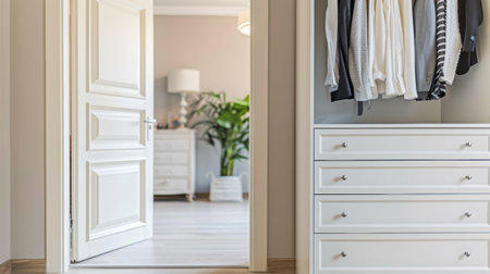 A closet with a white dresser and open door, AIの素材