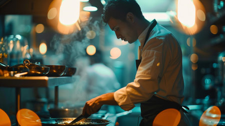 A man in a restaurant cooking food on the stove, AIの素材