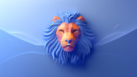 A 3d rendering of a lions face with blue and orange colors, AIの素材