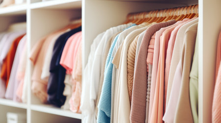 A closet with many different colored clothes on hangers, AIの素材