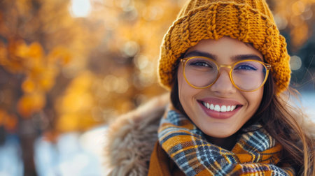 A woman wearing glasses and a hat smiles while outdoors, AIの素材