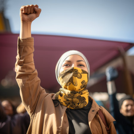 A woman wearing a mask and holding up her fist, AIの素材
