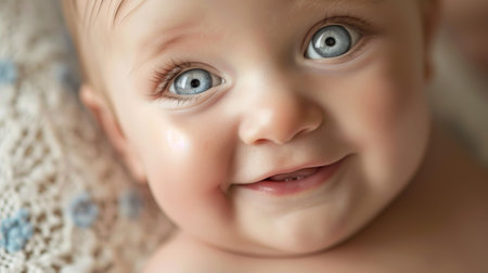 A close up of a baby with blue eyes smiling, AIの素材