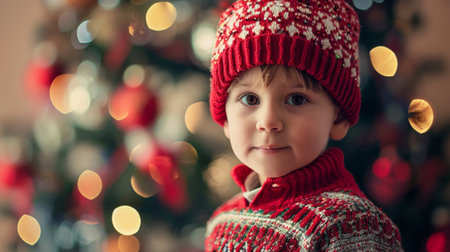 A young boy in a red sweater and hat with christmas lights behind him, AIの素材