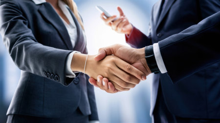 Two business people shaking hands in a meeting, AIの素材