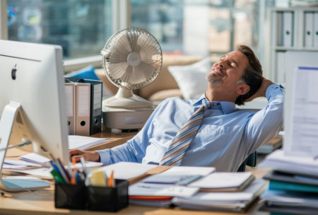 A man in a blue shirt relaxing at his desk with an air conditioner, AIの素材