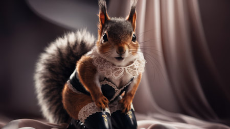 A squirrel in a dress and boots sitting on top of fabric, AIの素材