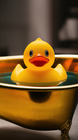 A rubber duck in a gold bathtub with water and bubbles, AIの素材