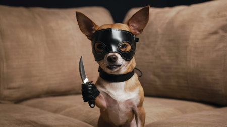 A small dog wearing a mask and holding up two fingers, AIの素材