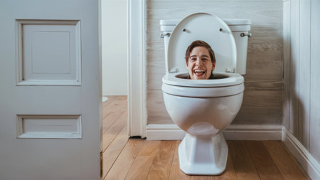 A mans head is sticking out of a toilet bowl, AIの素材