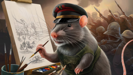 A rat in a military uniform is painting with an artist, AIの素材