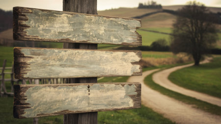 A wooden sign on a pole with dirt road in the background, AIの素材