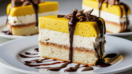 A close up of a piece of cake with chocolate and caramel drizzled on it, AIの素材