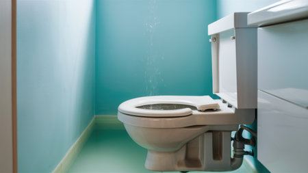 A toilet sitting in a bathroom with blue walls and green floor, AIの素材